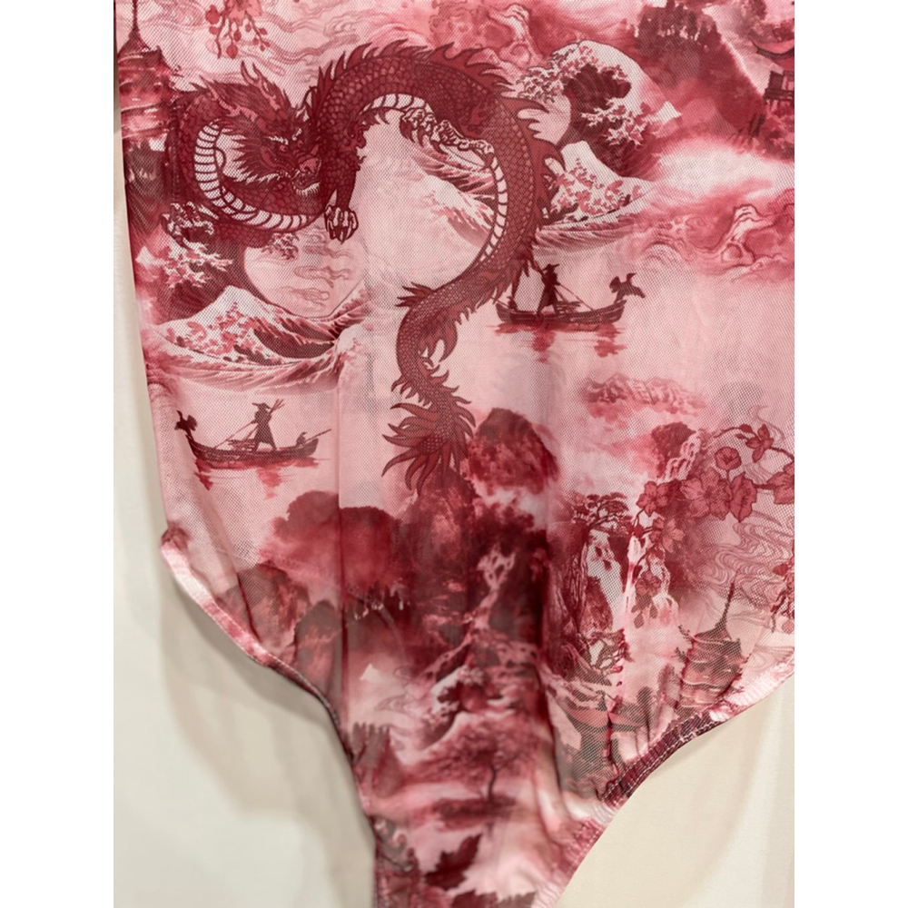 Missguided Pink Burgundy Dragon Tattoo Micro Mesh Sheet Bodysuit 8 Baddie Y2K - Picture 4 of 8